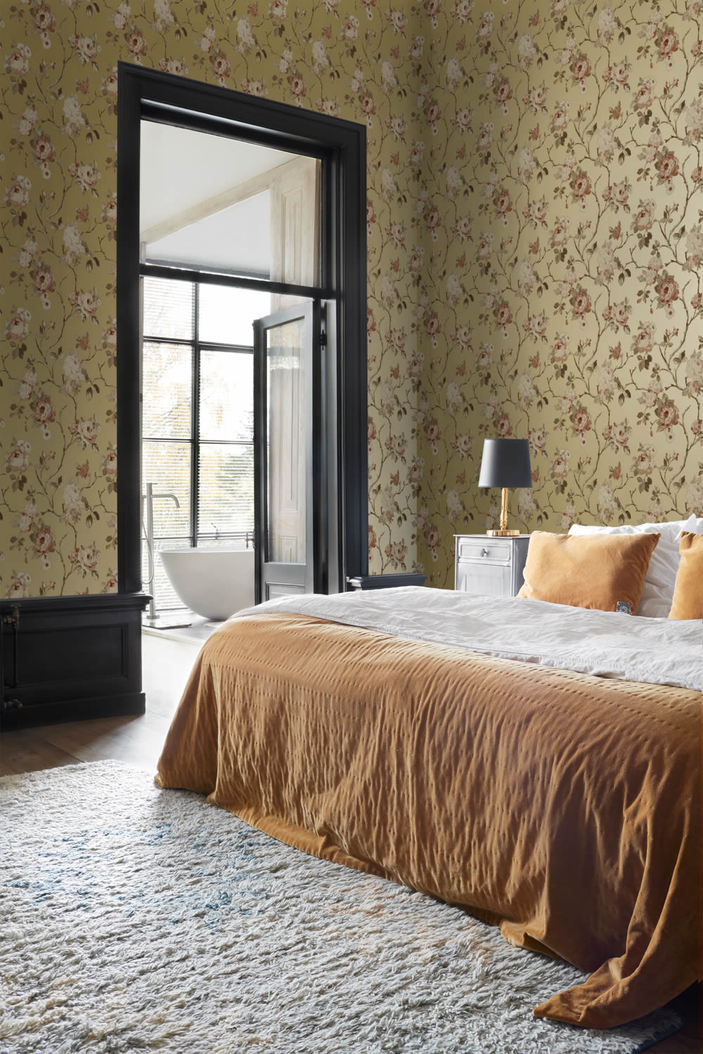 Non-woven wallpaper branches roses gold 139762