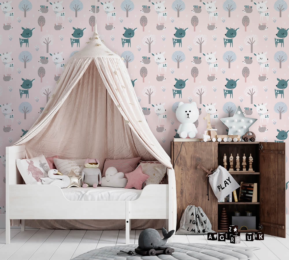 Igel Bäume und Waldtiere Tapete rosa und bunt Kids Walls Marburg 45836