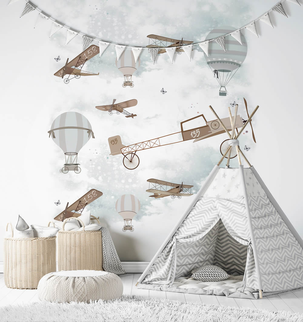 Heißluftballon und Flugzeuge Wandbild cream grau braun Kids Walls 45859