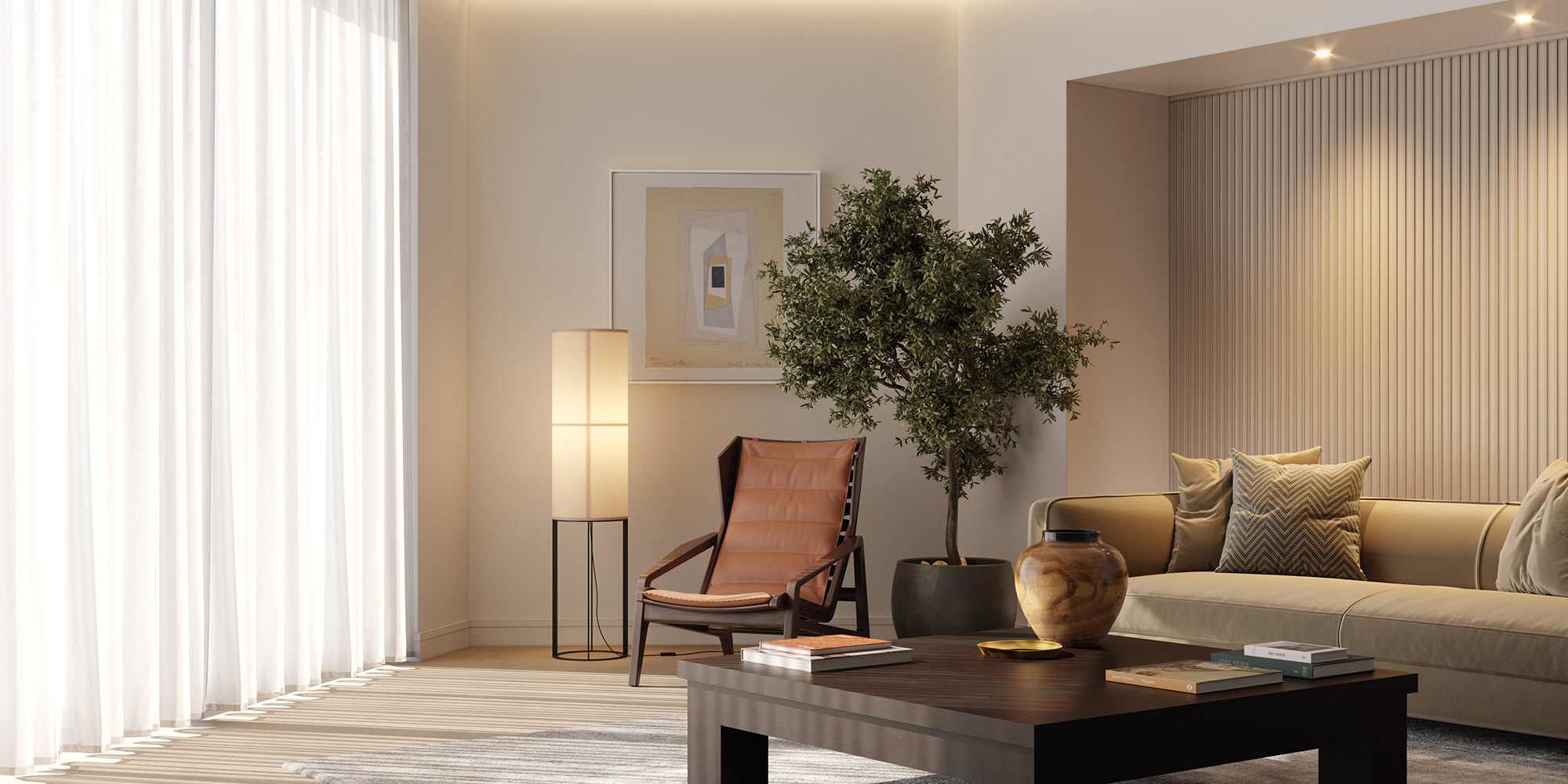 Ein gemütliches Wohnzimmer mit modernen Wandpaneelen und Fußleisten aus Stuck.