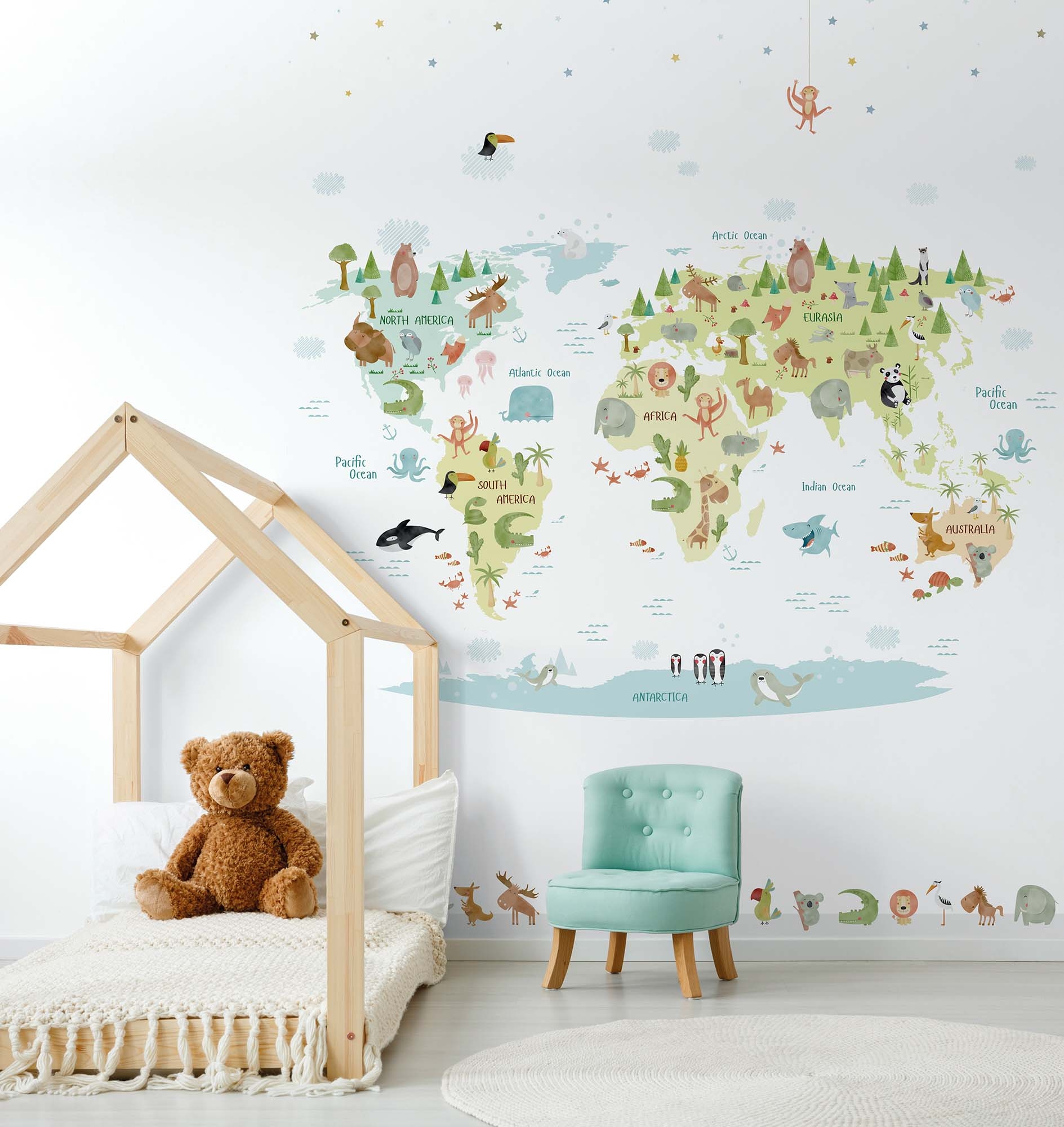 Wandbild Weltkarte bunte Tiere weiß