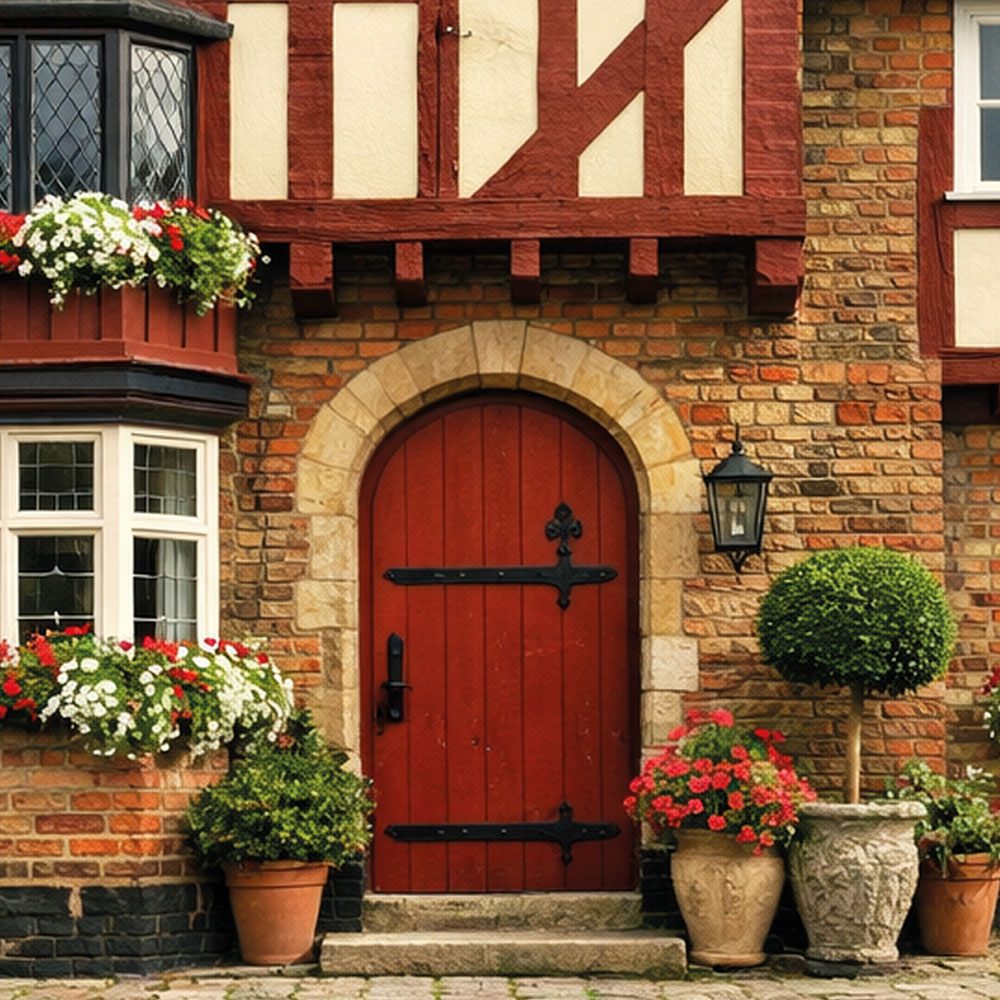 Ein altes Fachwerkhaus aus Stein mit einer roten Holtzür.