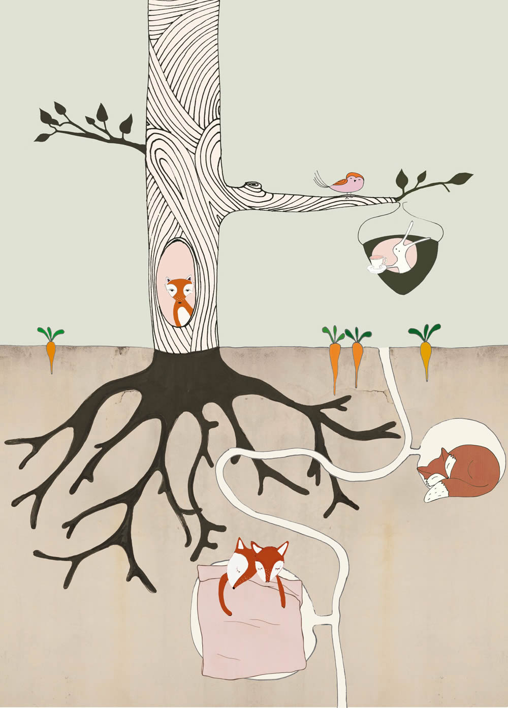 Wandbild Fuchsbau Waldtiere Füchse Baum beige erdfarben 557787
