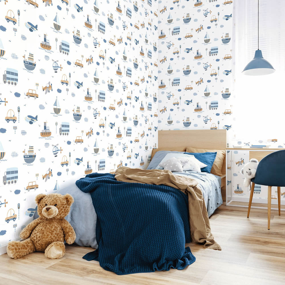 White blue and beige non-woven wallpaper airplanes Tiny Tots 2 Essener G78416-28-G78416.1M