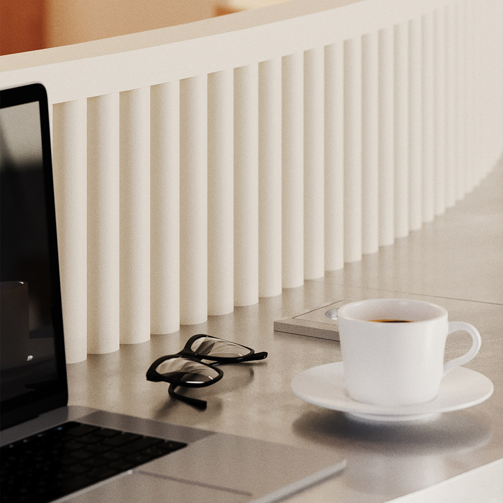 Flexibles Wandpaneel als moderner Akzent über einer gebogenen Theke gestaltet einen modernen Arbeitsbereich mit Stil.