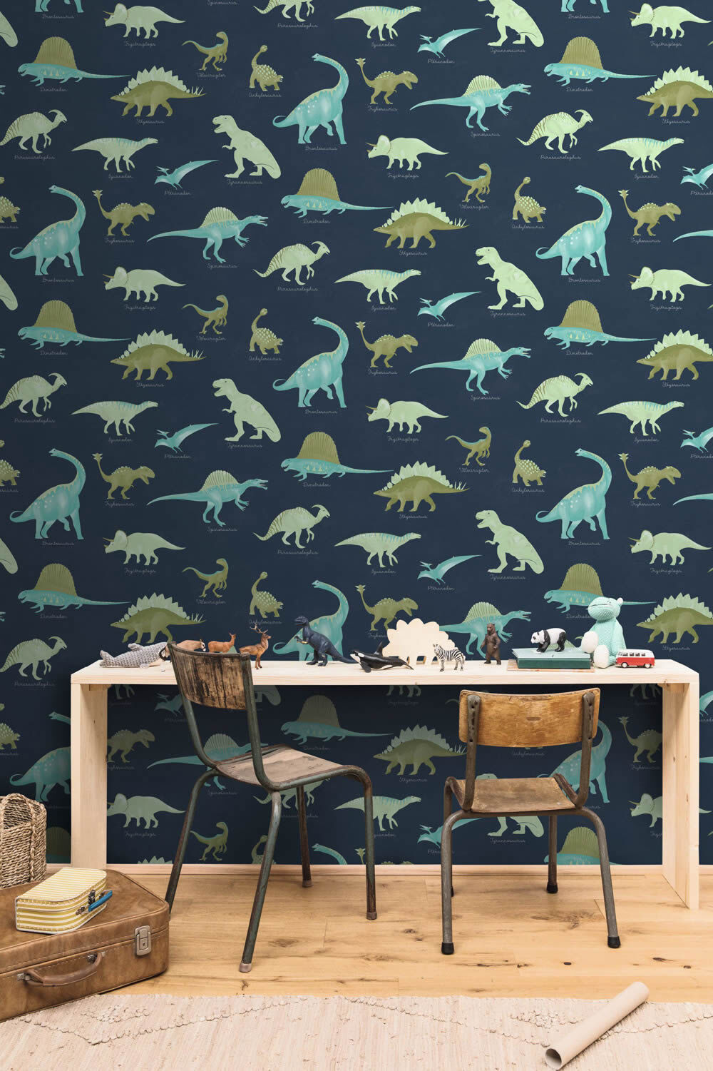 Dinosaur wallpaper non-woven dark blue green and mint dinosaur Les Minis Mondes Caselio MNM105706060