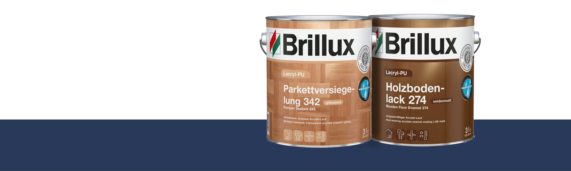 Mobile Banner mit Brillux Parkettversiegelung 342 und Holzbodenlack 274 auf dunkelblauem Streifen