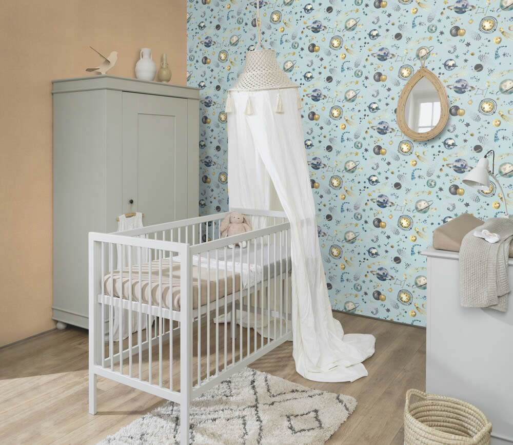 Vliestapete Weltraum Sterne Mond Planeten Blau Kids World Rasch 300949