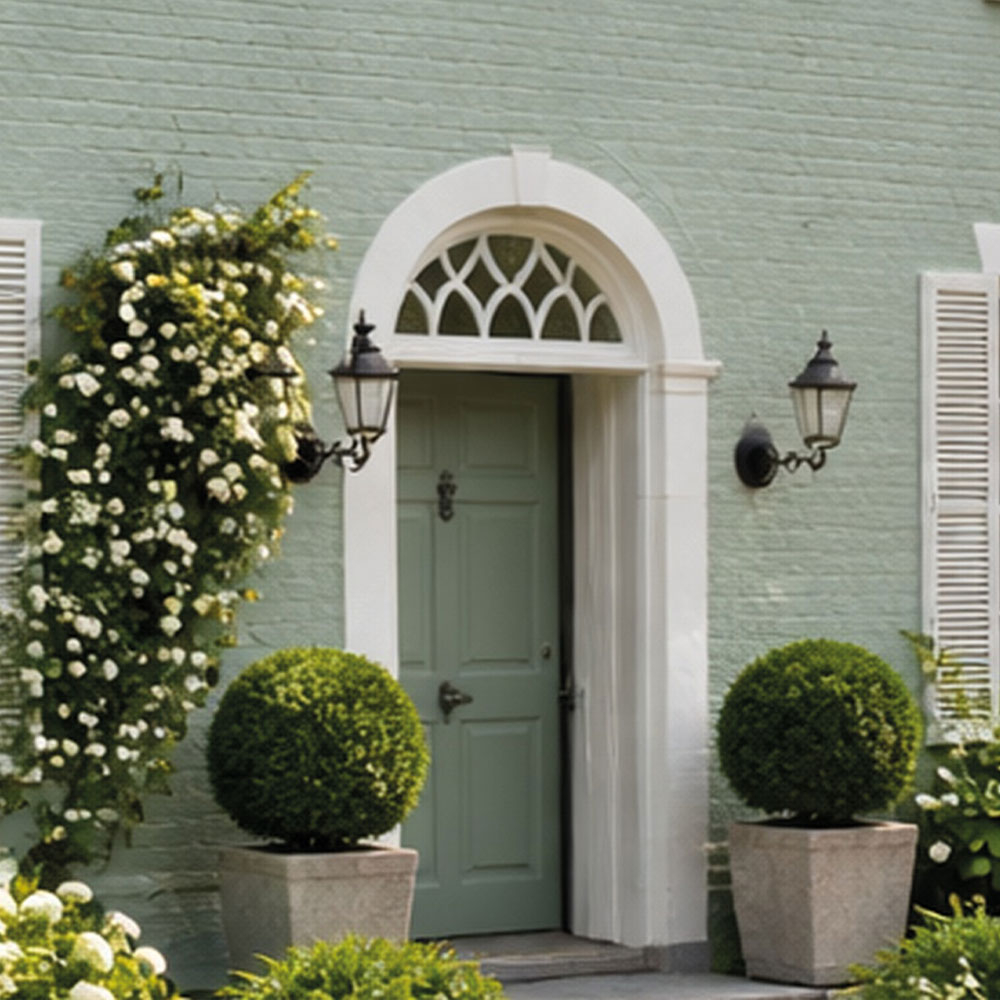 Hellgrüne Holzhaustür mit Rundbogen in weißer Fassade, Wandlaterne und Kübelpflanze - Inspiration zum Streichen