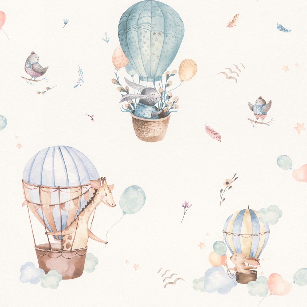 Vliestapete Heißluftballon pastellfarben Tiere Kids World Rasch 300512 _L