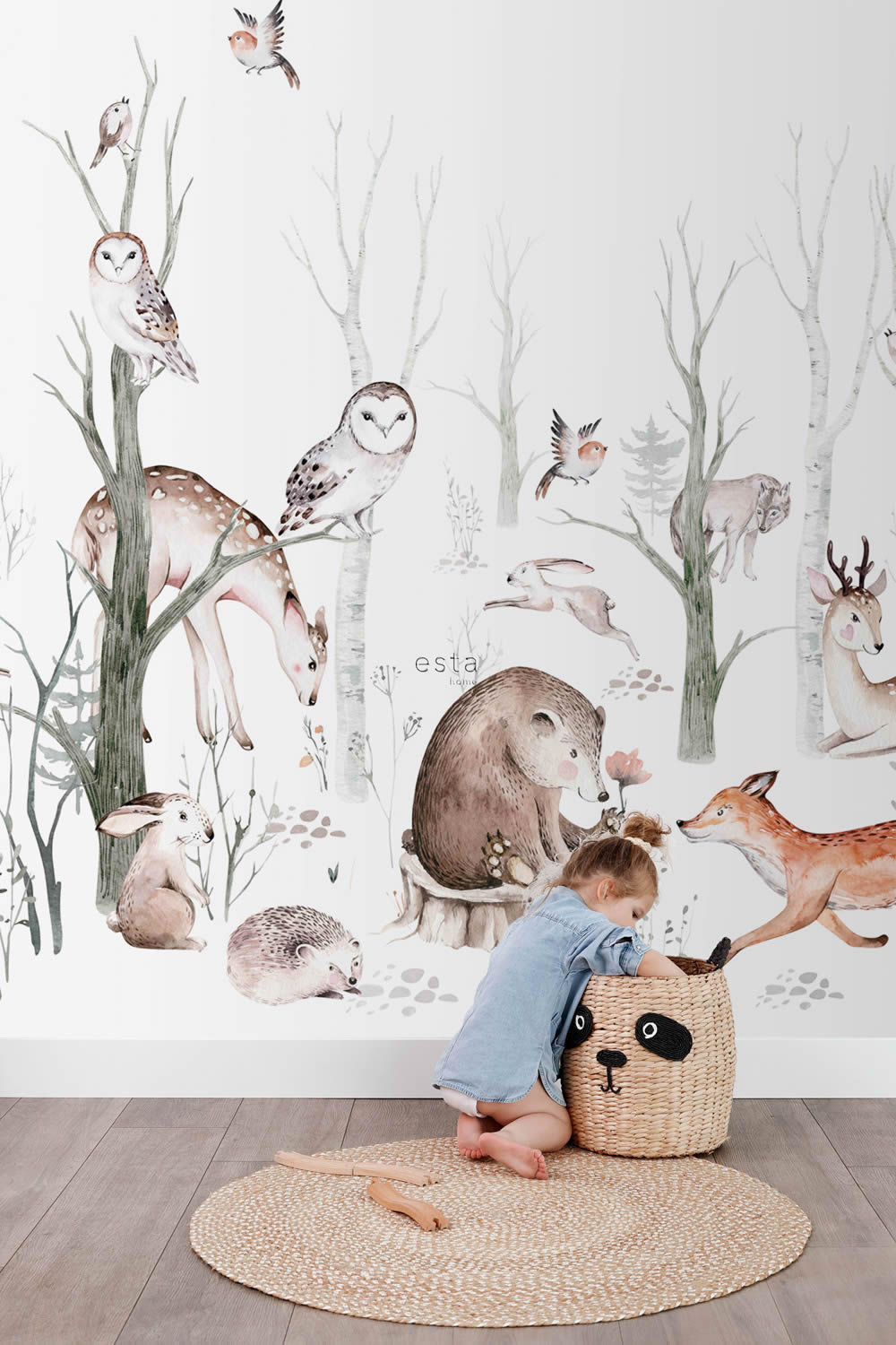 Wandbild 250 x 279 cm Waldtiere Bäume 5 Bahnen weiß 159240