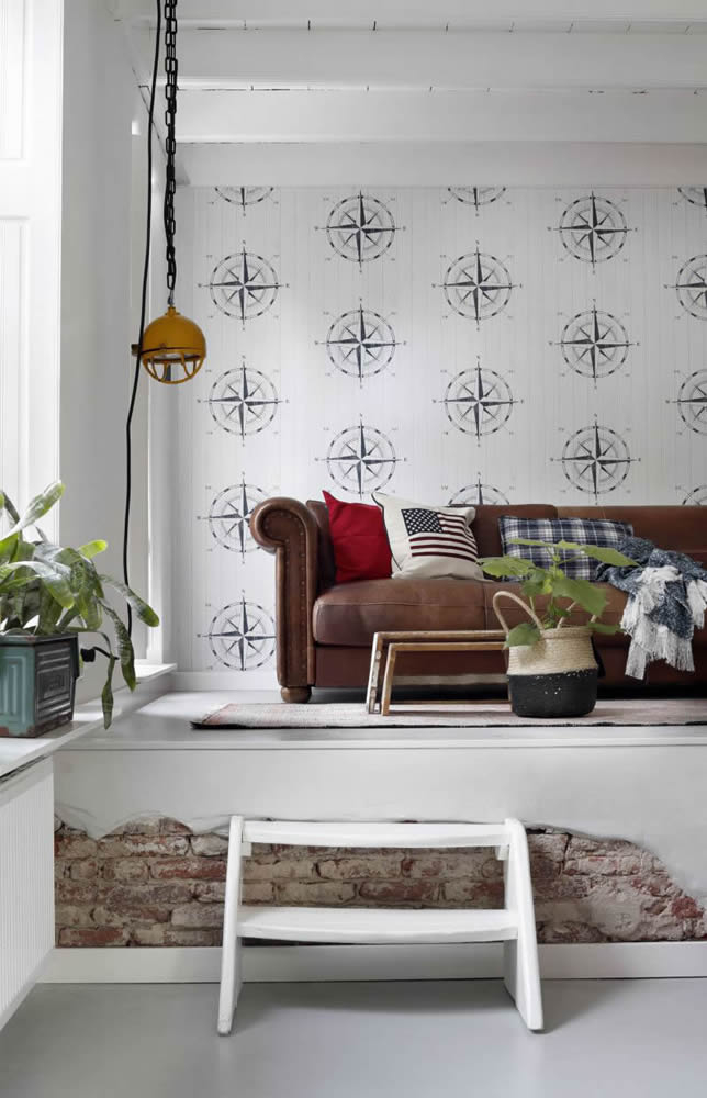 Non-woven wallpaper white compass blue-23-138975.1M