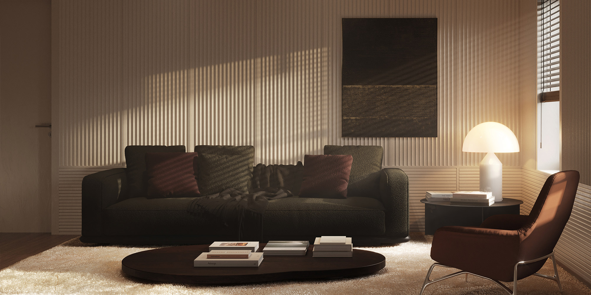 Lineare Paneele für einen minimalistischen Look der Wände im Wohnzimmer hinter dem Sofa.