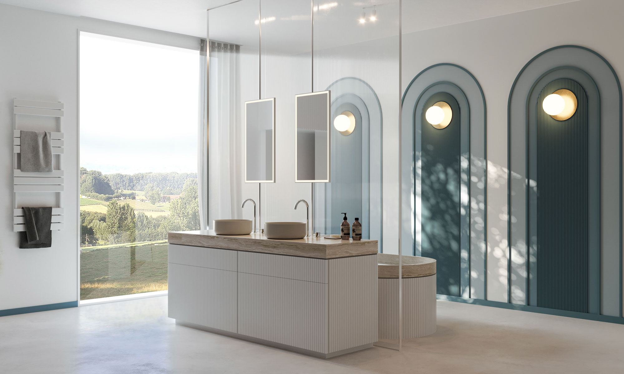 Flexible cornice moldings arranged in curved arches decorate the bathroom walls.