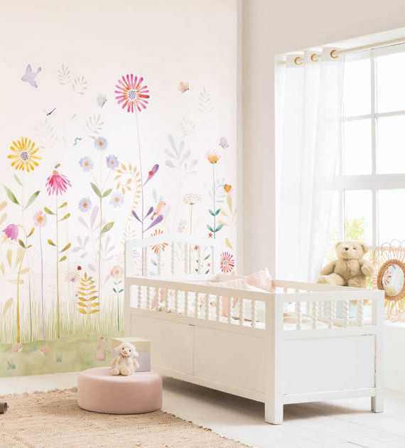 Wandbild 3,10 x 2,00 m pastellfarbene Sommerblumen Wiese Maulwurf Schmetterlinge