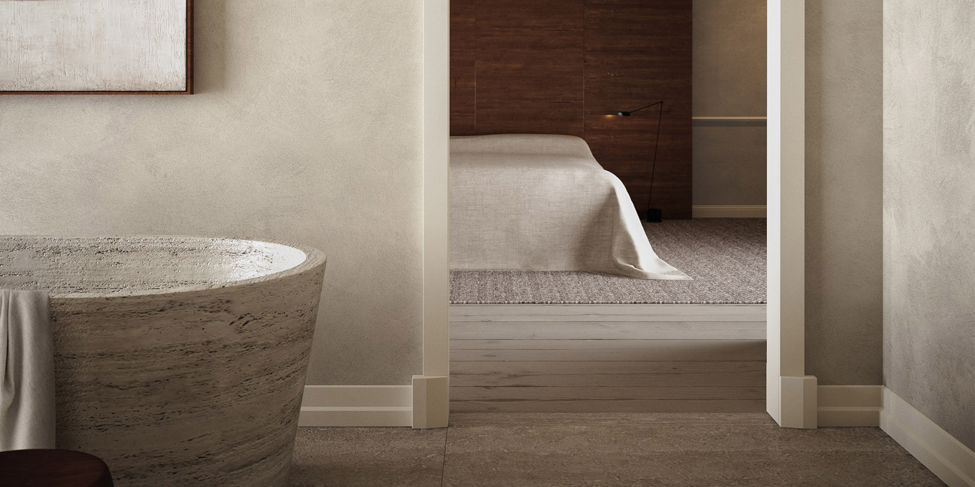 Schlichte, kantige Türumrandung aus Stuck passend zu einem edlen Ambiente im Bad.