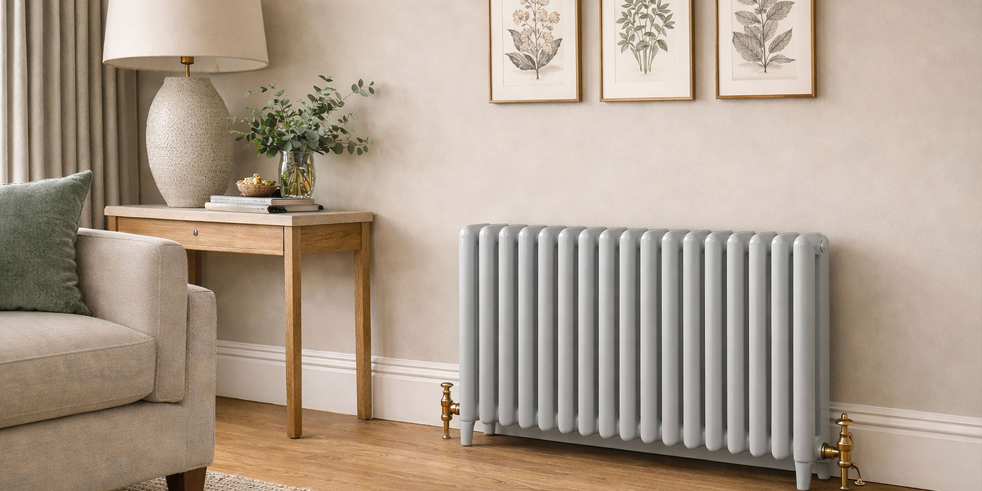 Eine grau lackierte Hezung als Blickfang vor einer beigen Wand im Wohnzimmer