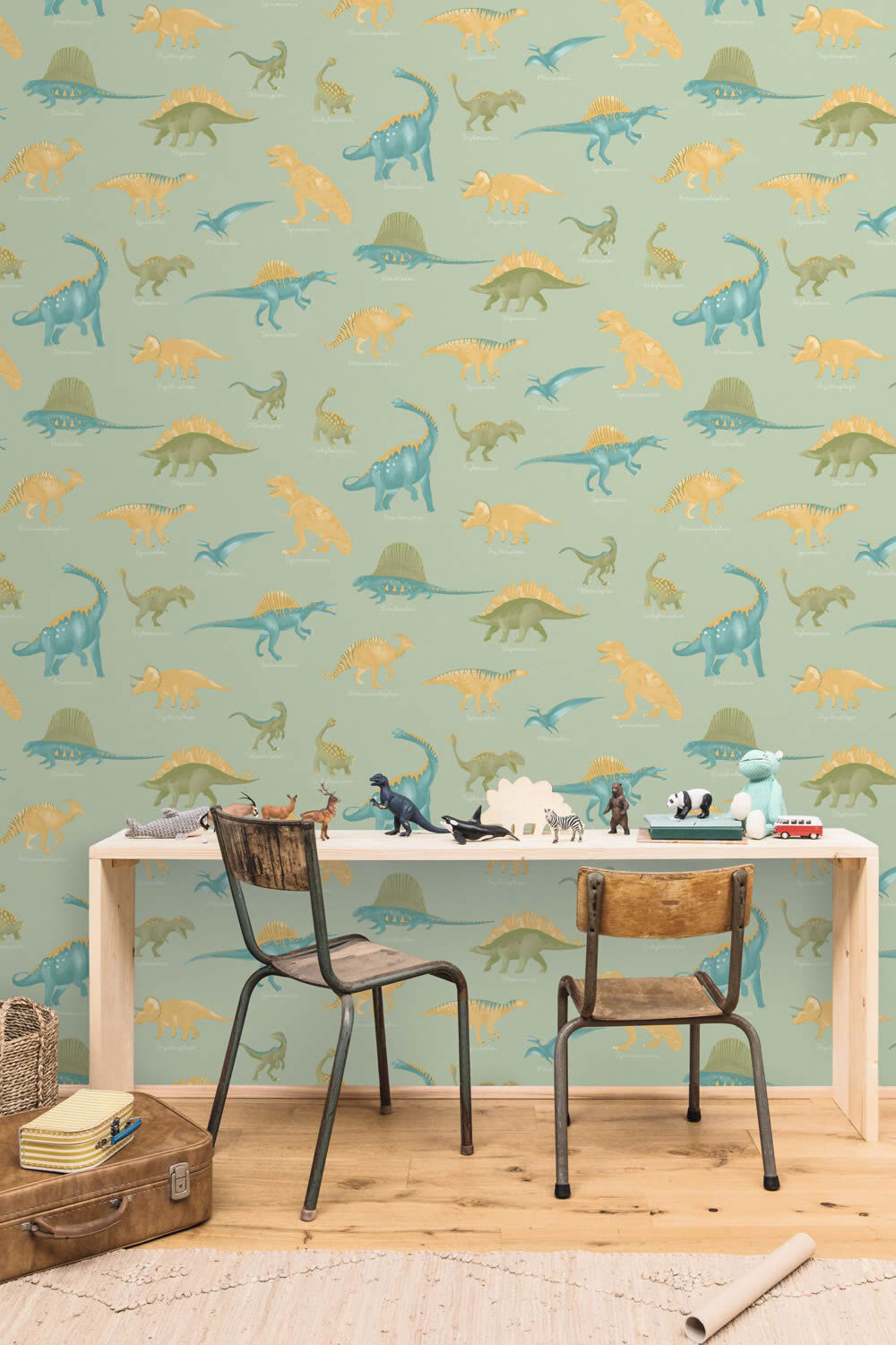 Prehistoric wallpaper dinosaur non-woven wallpaper green ocher blue Les Minis Mondes Caselio MNM105707001