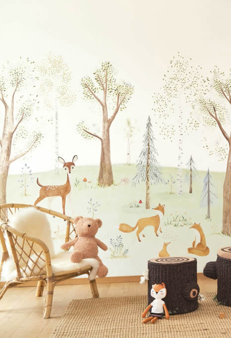 Wandbild 3,10 x 2,00 m Wald Bäume Reh Füchse pastellfarben