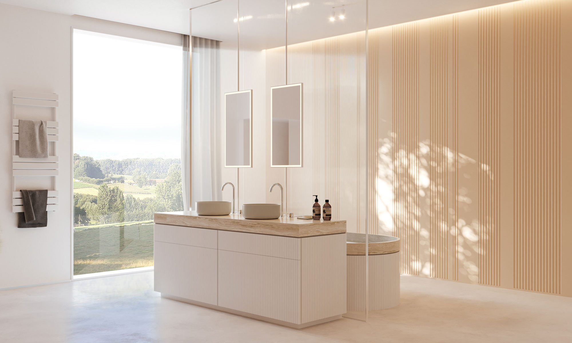Waterproof wall panels for a modern bathroom design.