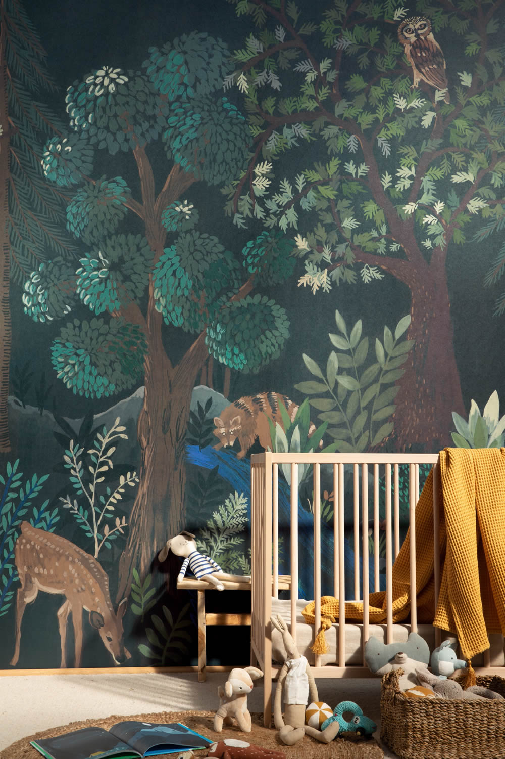 Deer and Raccoons Black Mural Caselio - La Foret Texdecor FRT102980199-36-FRT102980199