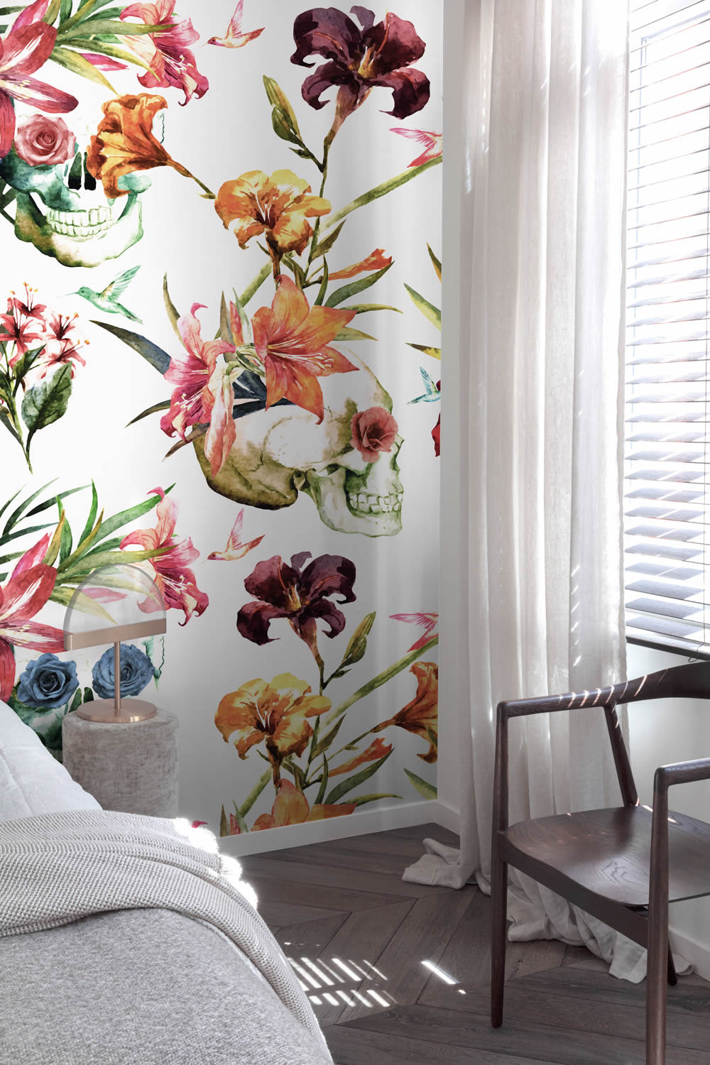 Wandbild 159 x 280 cm Blumen Totenkopf Schädel weiß ML2701