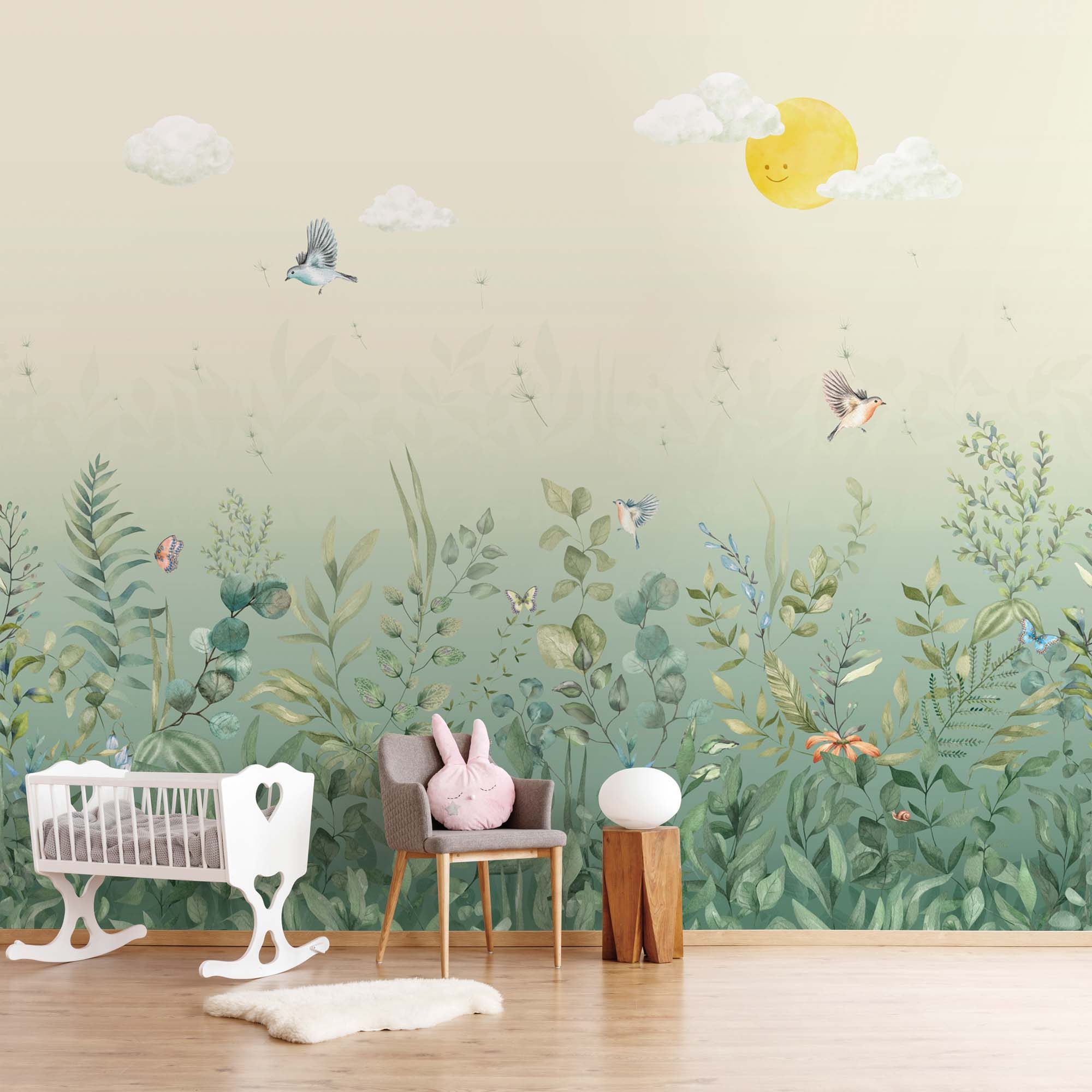 Wandbild Sommerwiese Sonne Vögel Natur beige grün