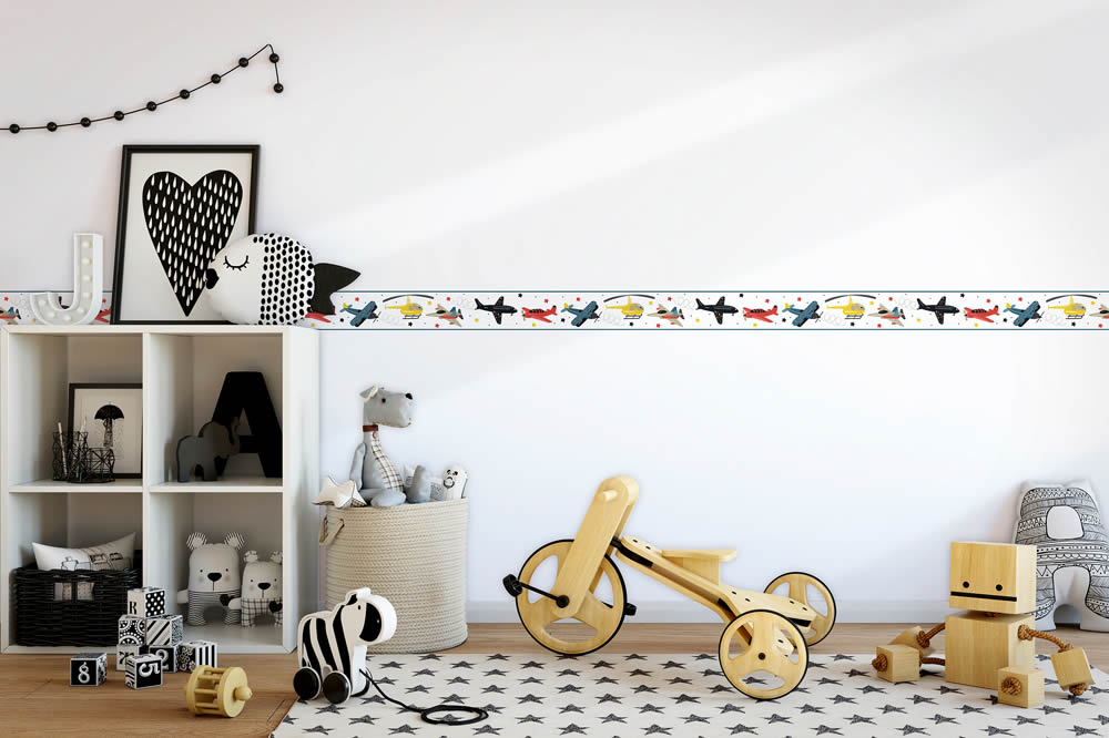 Weiß und bunte Borte Flugzeuge und Sterne Kids Walls Marburg 45820