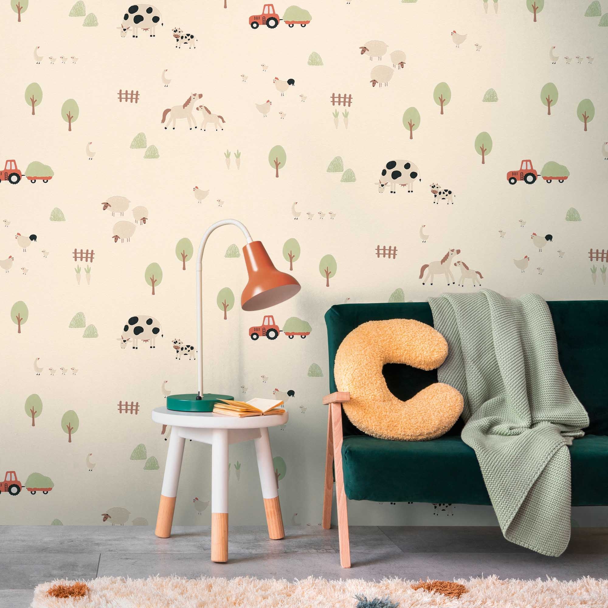 Bauernhof Tapete Tiere Traktor beige Vlies 792651