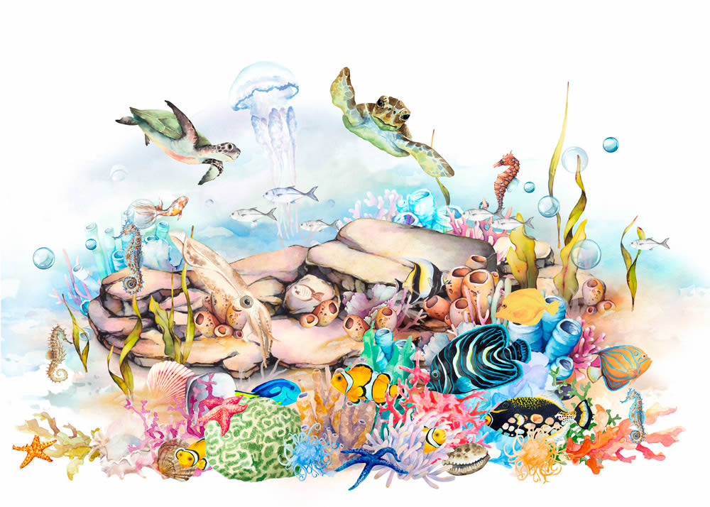 Wandbild 3,71 x 2,65 m Korallenriff Unterwasserwelt Schildkröte pastellfarben Blau 365023
