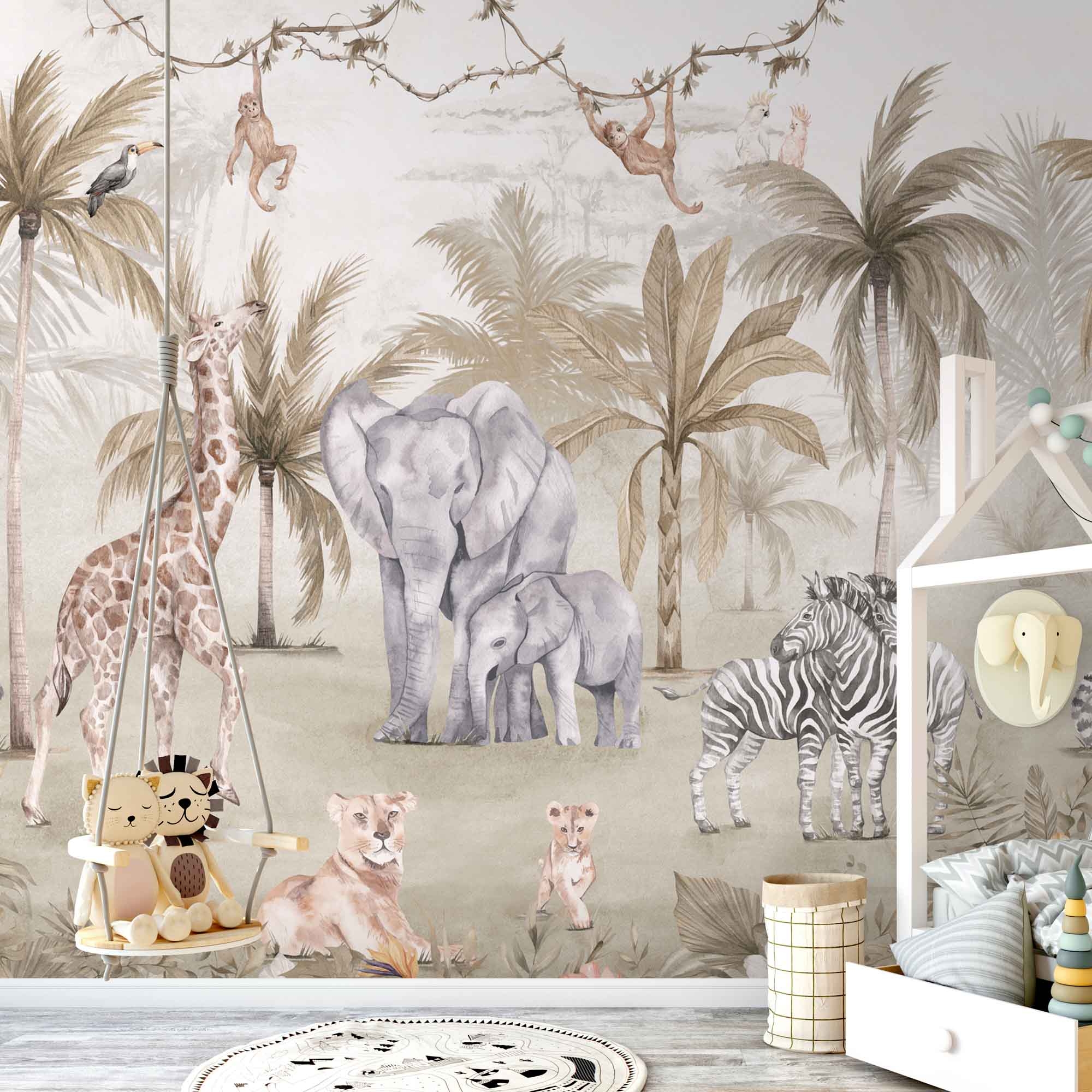 Wandbild Safaritiere Elefant Giraffe Zebra beige