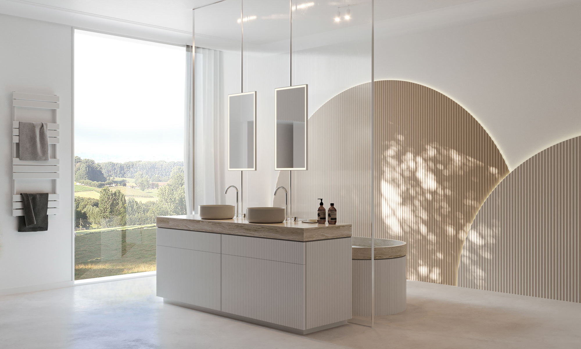 Minimalist bathroom design with linear wall panels and indirect lighting.