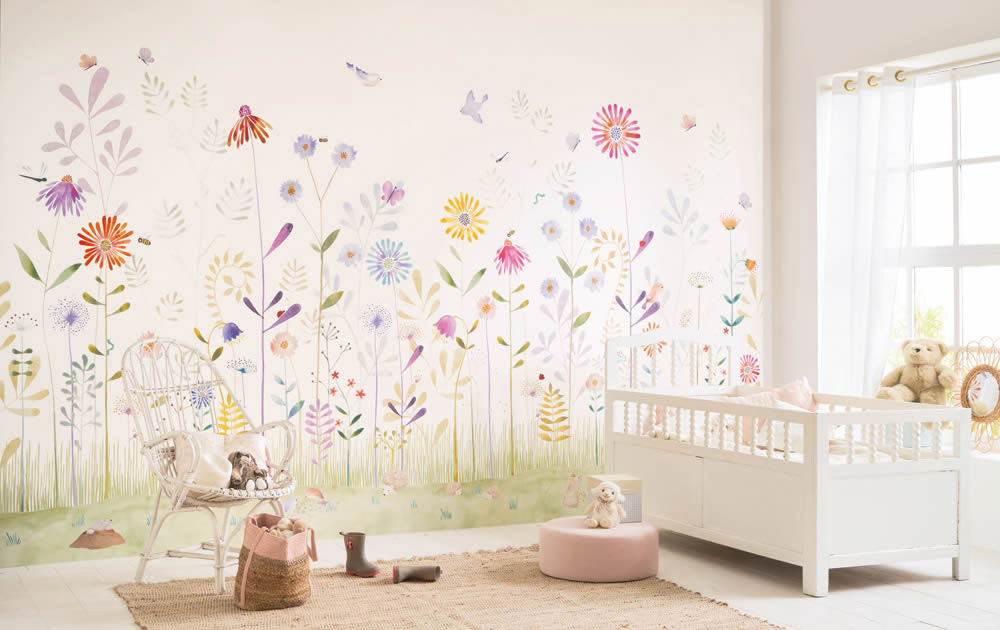 Wandbild 4,00 x 3,10 m Blumen Wiese Schmetterlinge pastellfarben