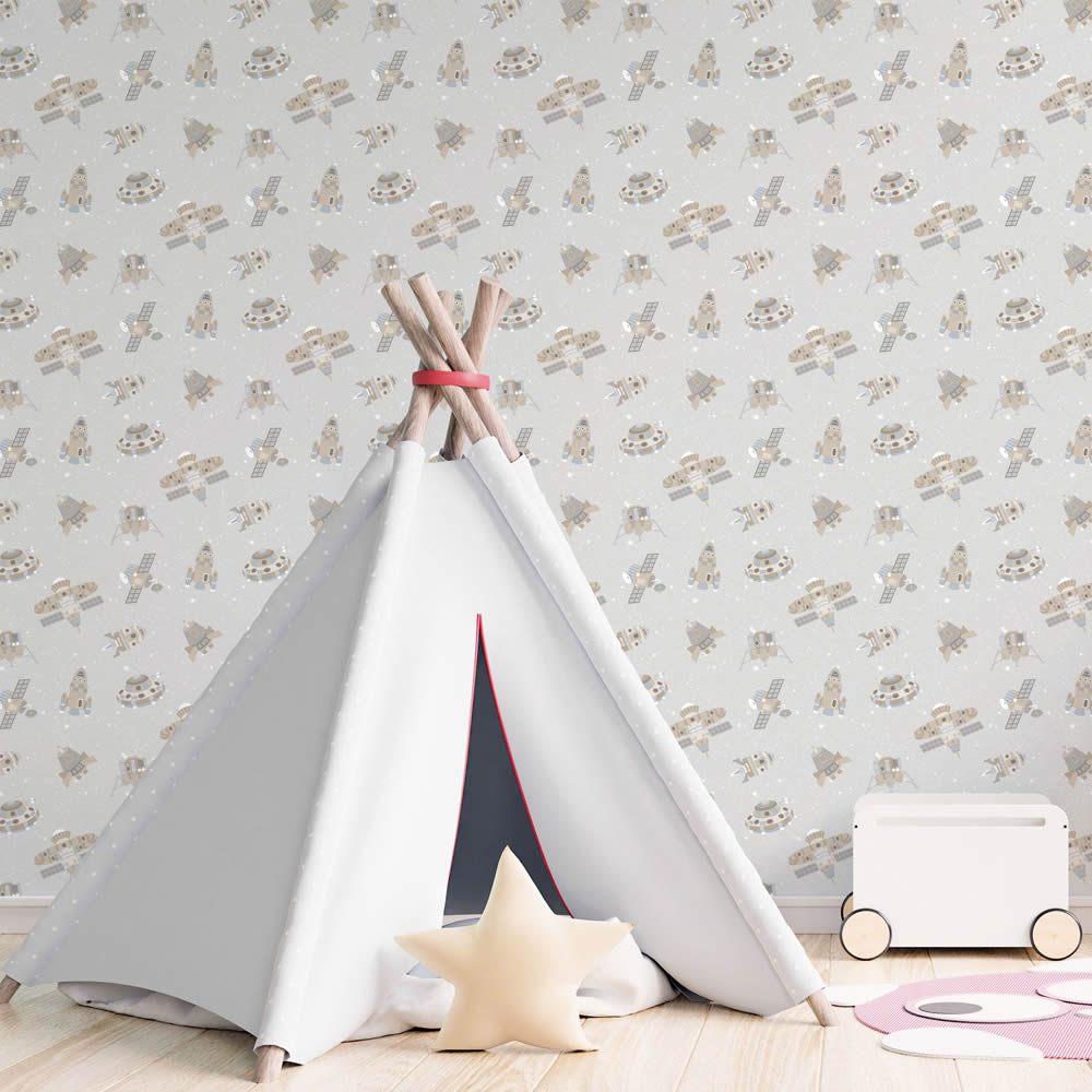 Gray non-woven wallpaper space shutlle pattern Tiny Tots 2 Essener G78412-28-G78412.1M