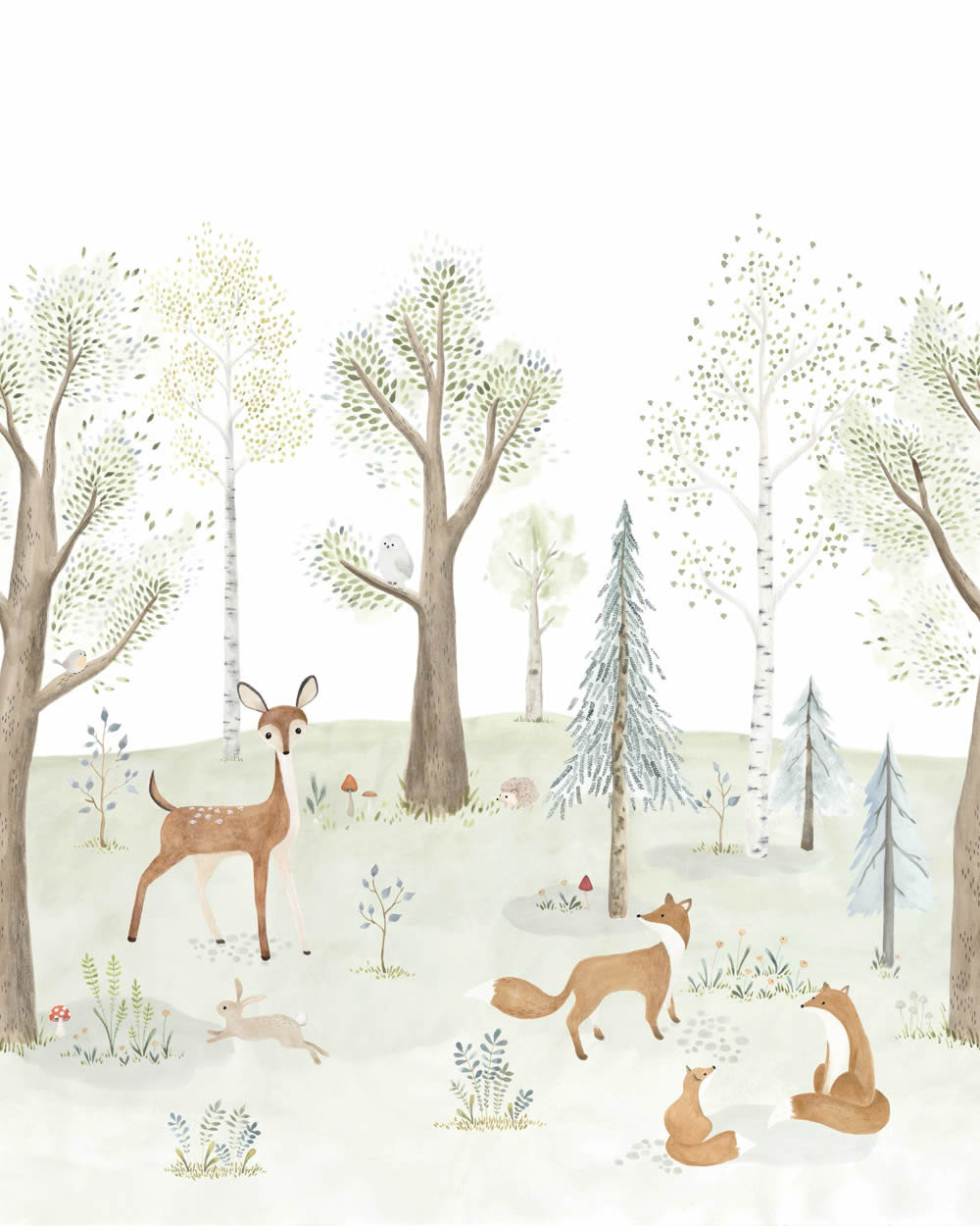 Wandbild 2,00 x 2,50 m Waldtiere Bäume Reh Füchse pastellfarben