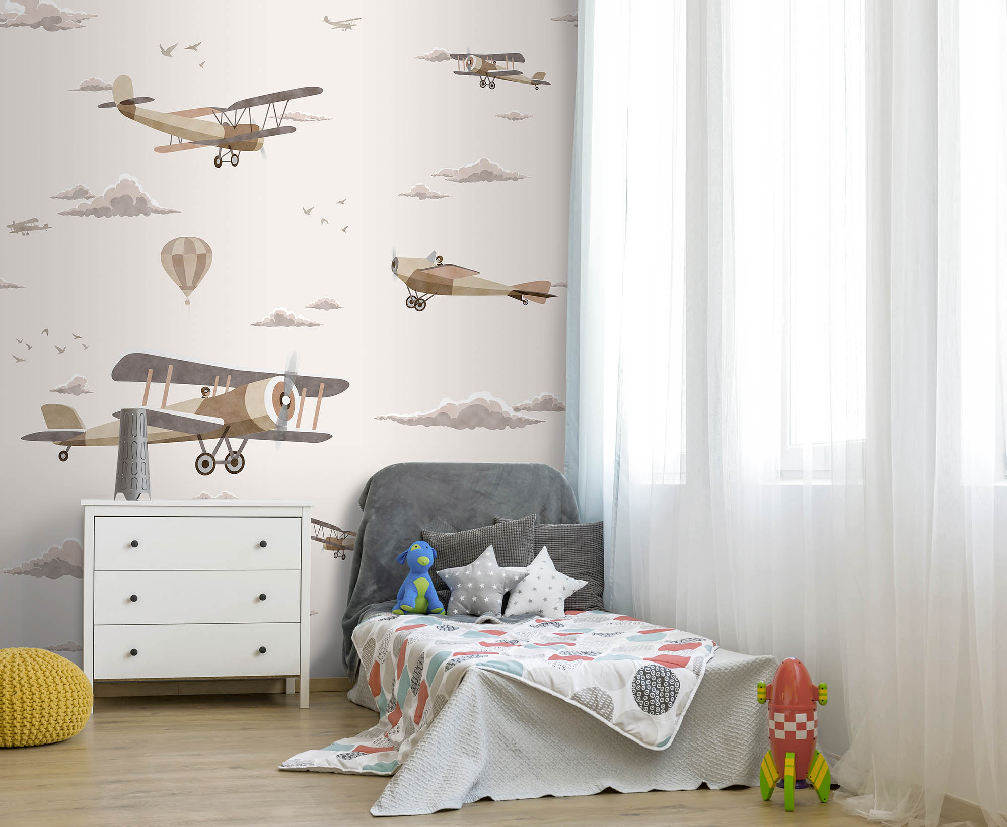 Wandbild vintage Flugzeuge bunte Doppeldecker beige