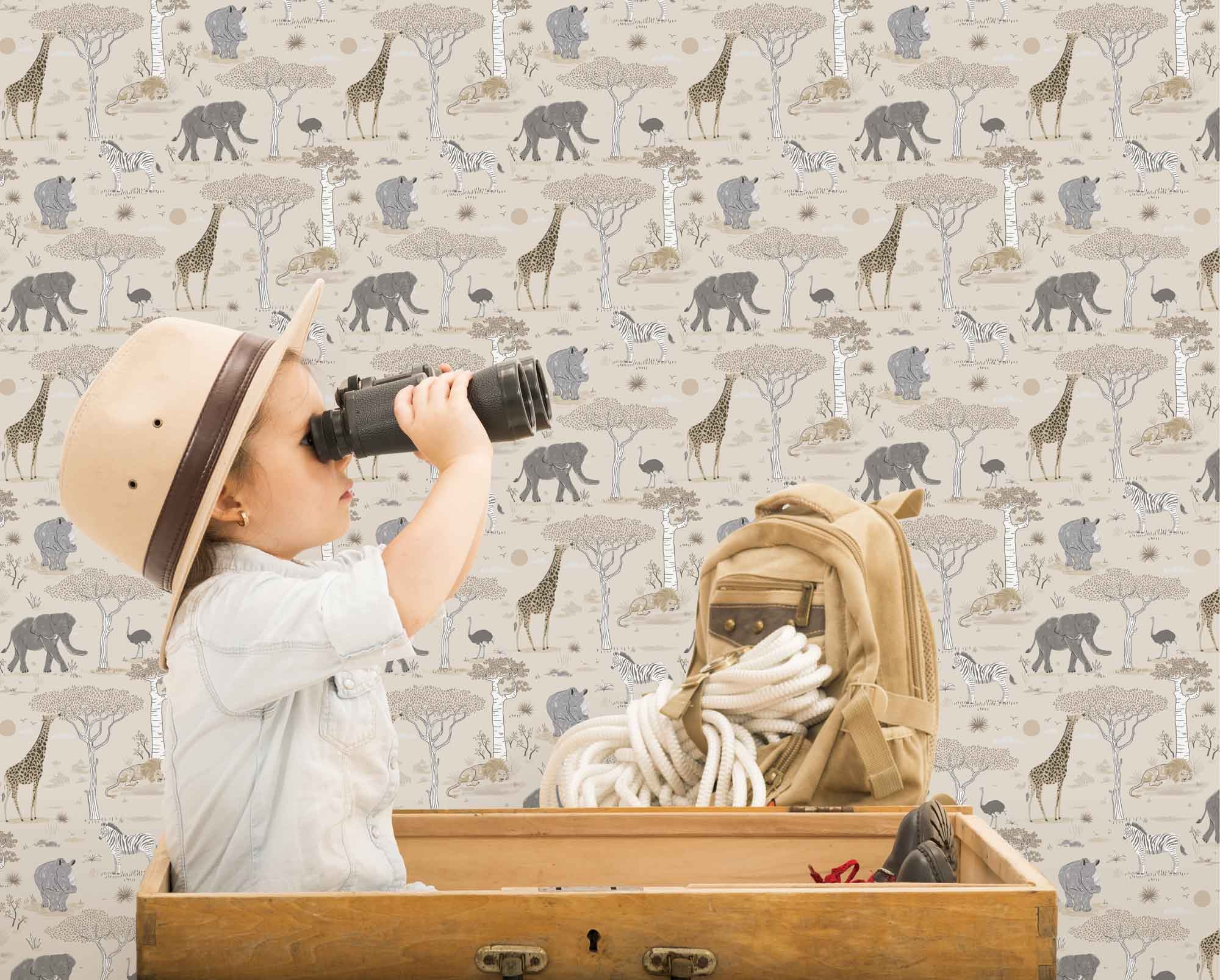 Tapete Safaritiere Zebra Elefant Giraffe Vlies beige G78588