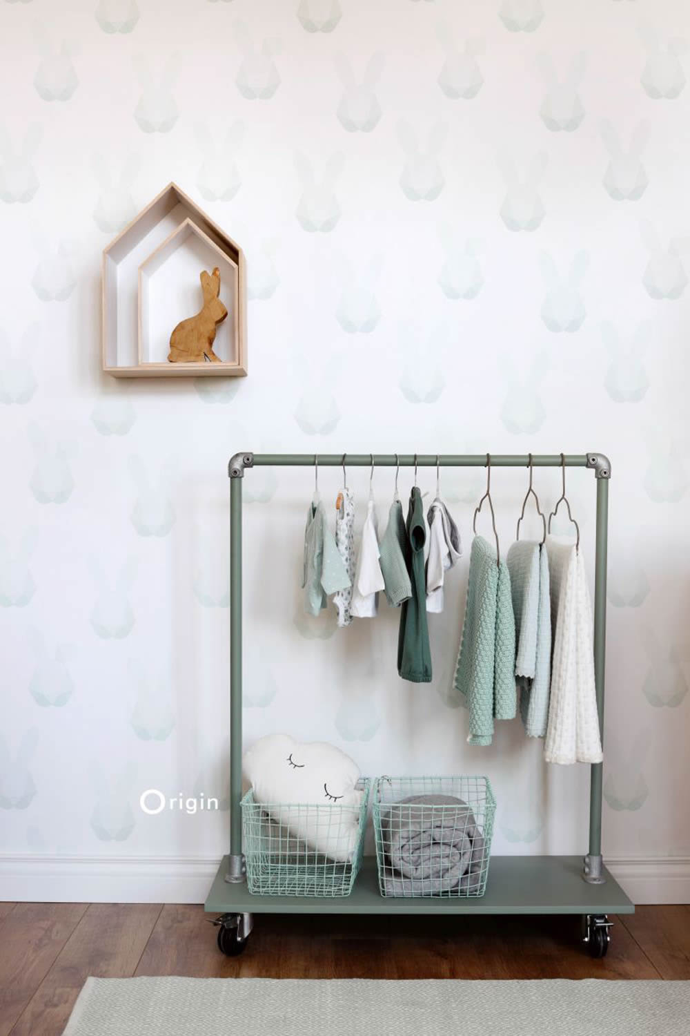 Mint-Grün Vlies Tapete Hasen Origami