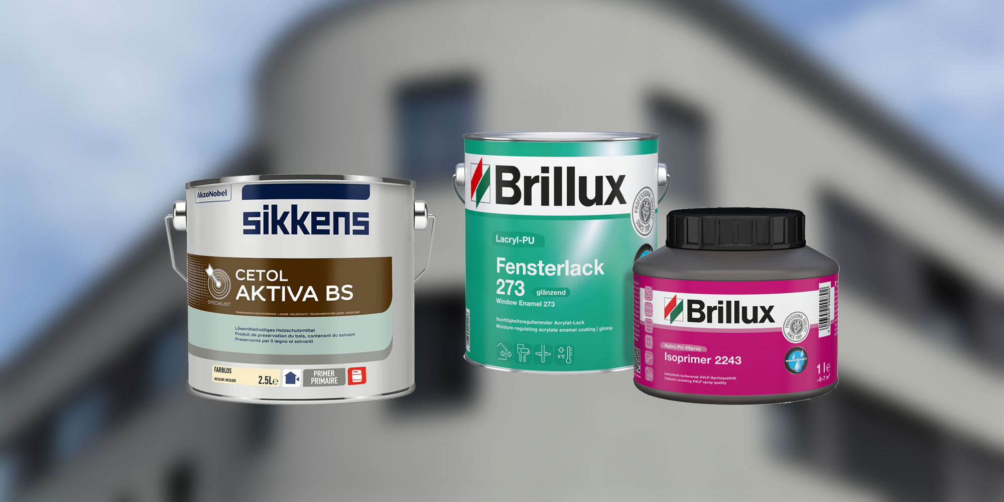 Auswahl aus Holzschutz, Fensterlack und Grundierung von Sikkens und Brillux, vor unscharfem Haus