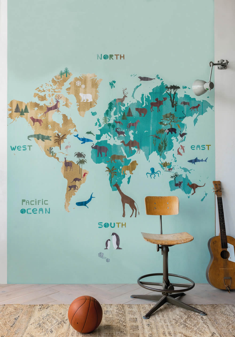 Wandbild Weltkarte Tiere der Erde hellblau 557749