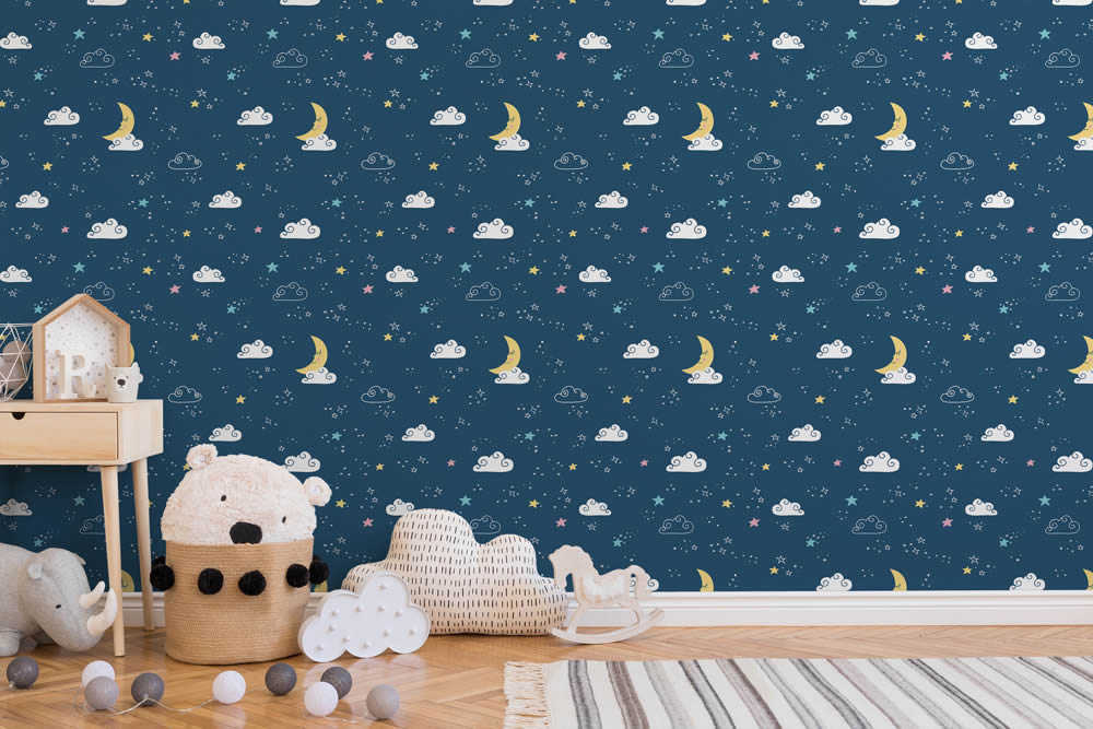 stars, moon and clouds non-woven wallpaper dark blue Little Love AS Creation 381411-8-381411.1M