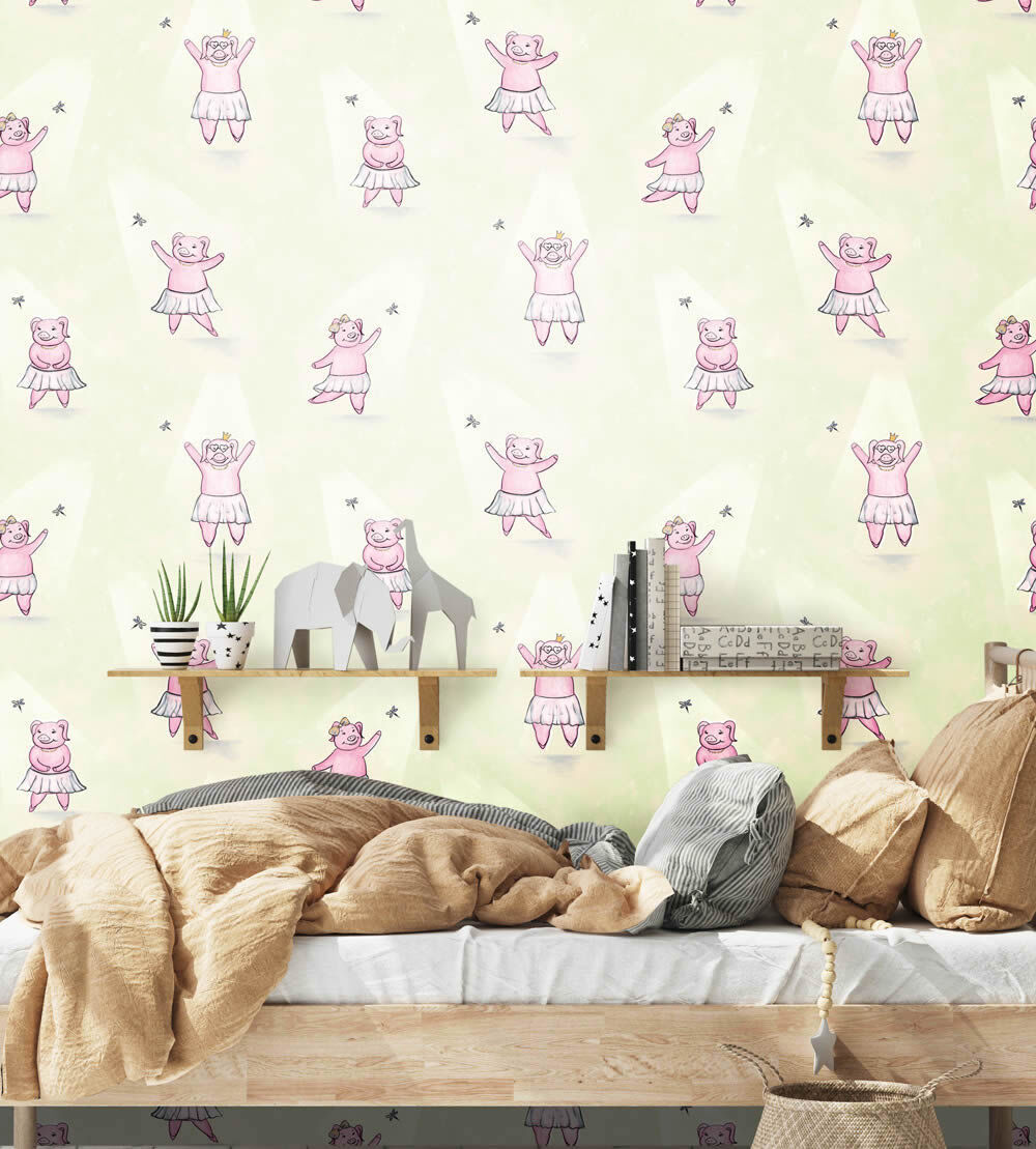 Non-woven wallpaper happy piglet ballet pink pig tender green 27570-HTM