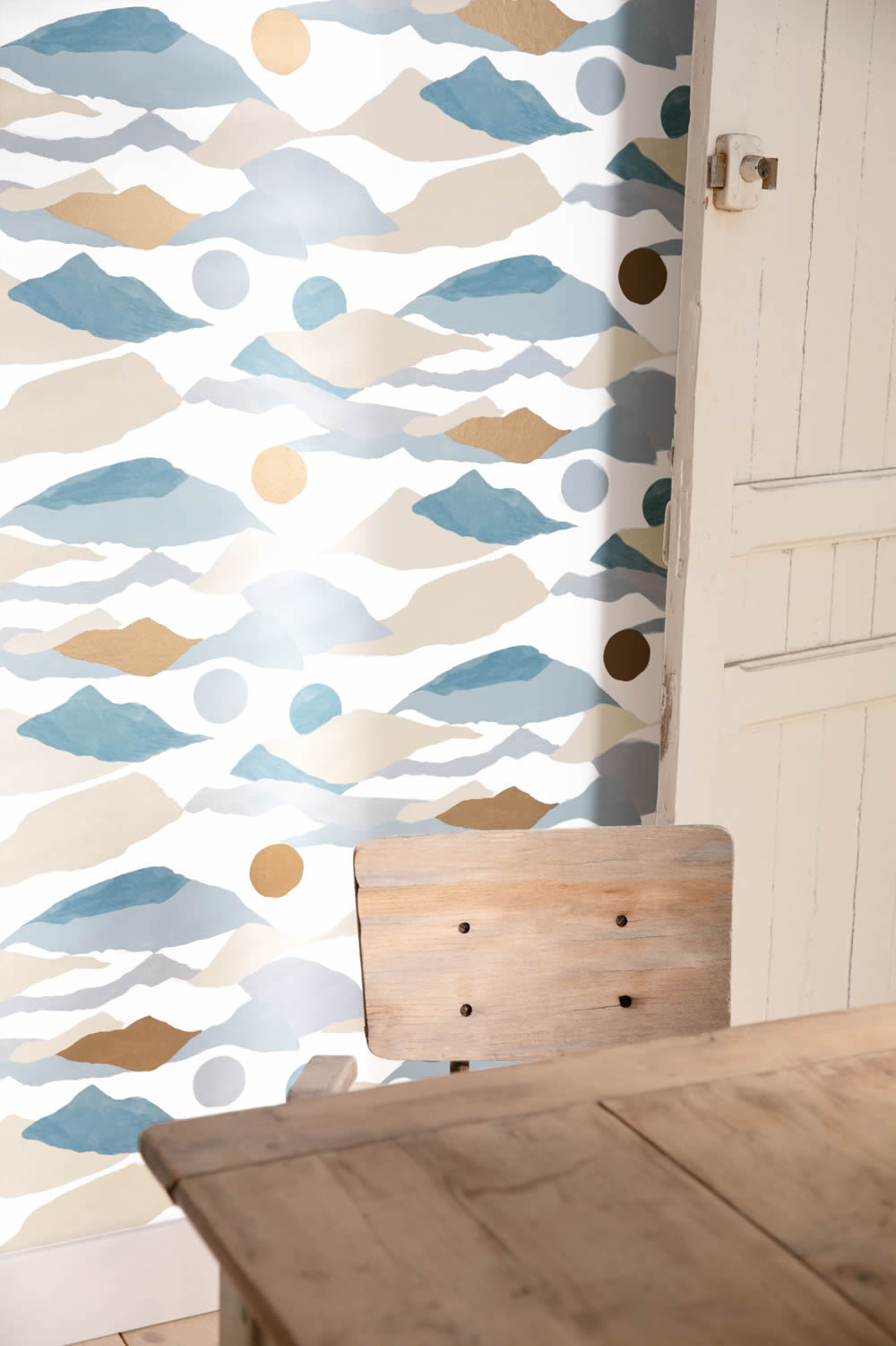 Vliestapete Landschaft Berge Japandi-Stil Weiß Blau IMG102186025