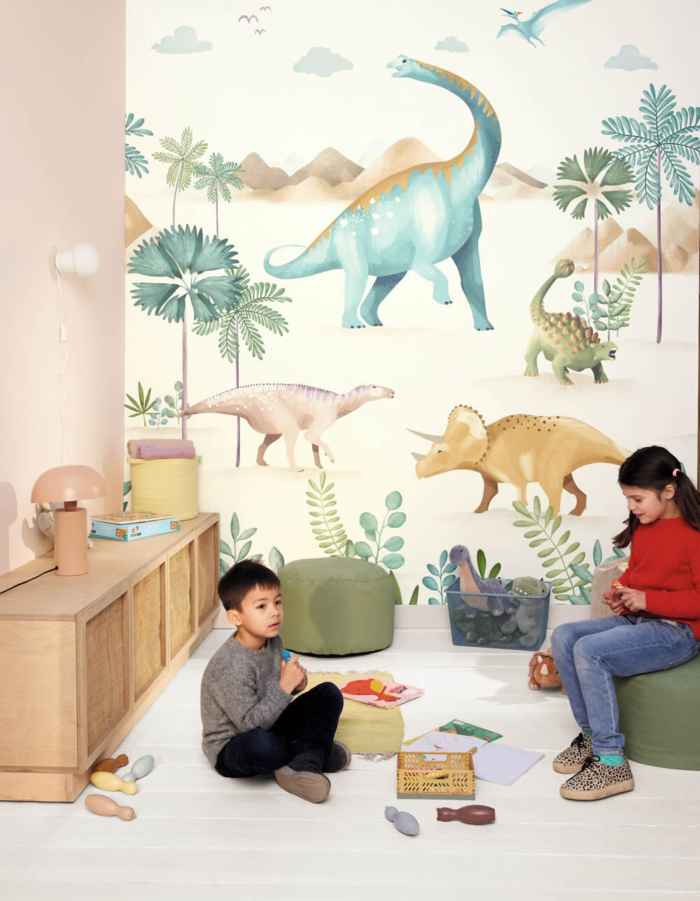 Wall panel M dinosaur Ankylosaurus Triceratops blue green jungle Les Minis Mondes Caselio MNM105774501