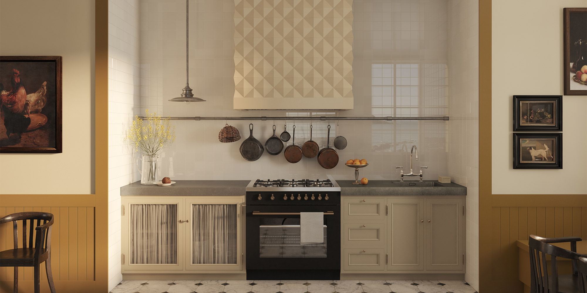 Eine Landhaus Küche mit modernen Stuckpaneelen.