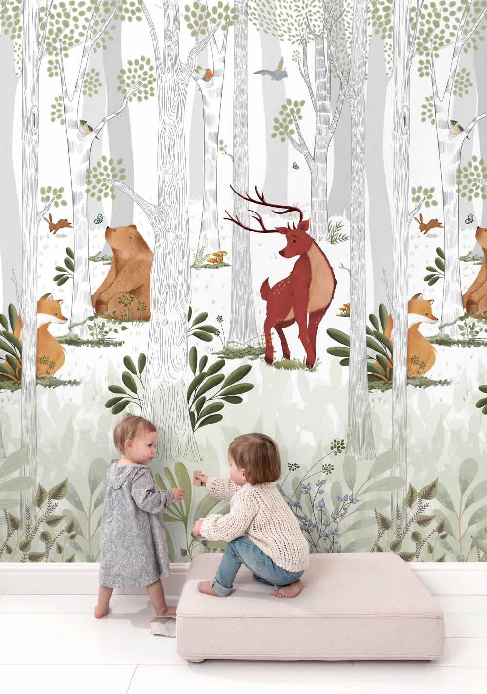 Wandbild 1,59 x 2,80 m Waldtiere Hirsch Bär und Fuchs im Wald A73301