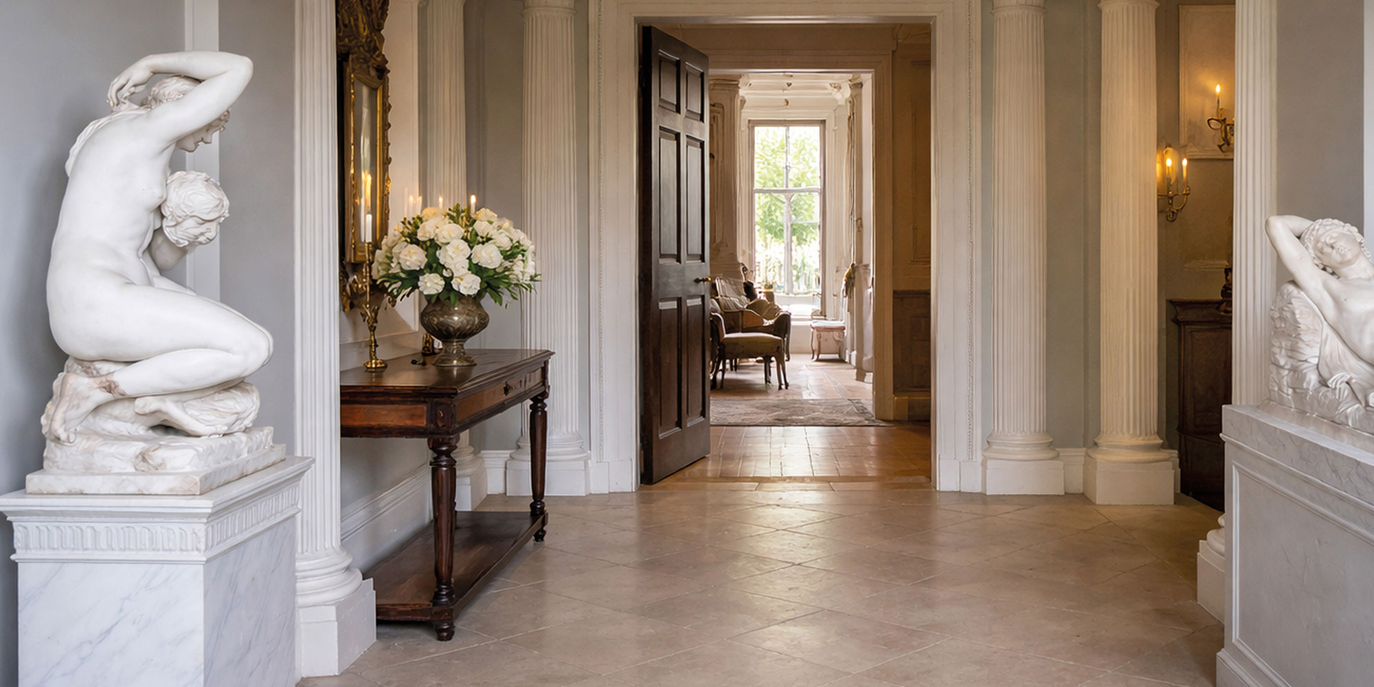 Flur mit grauen Wänden, Skulpturen auf Sockeln und Blick in einen angrenzenden Raum