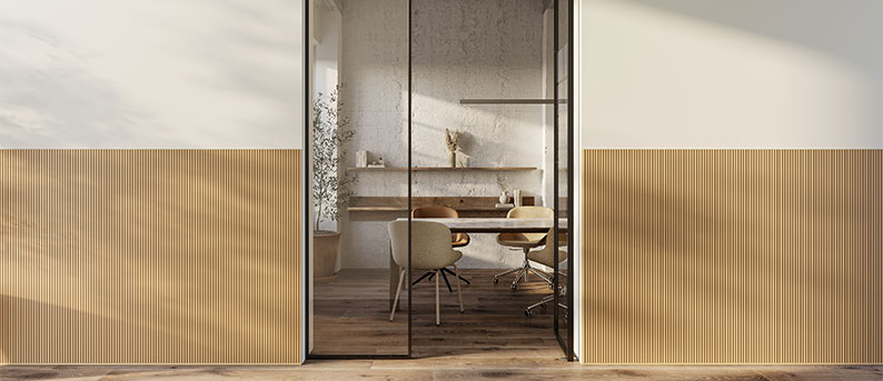 Modern wall design with wood-effect moulding panels Office with woodpanel-look wall panels