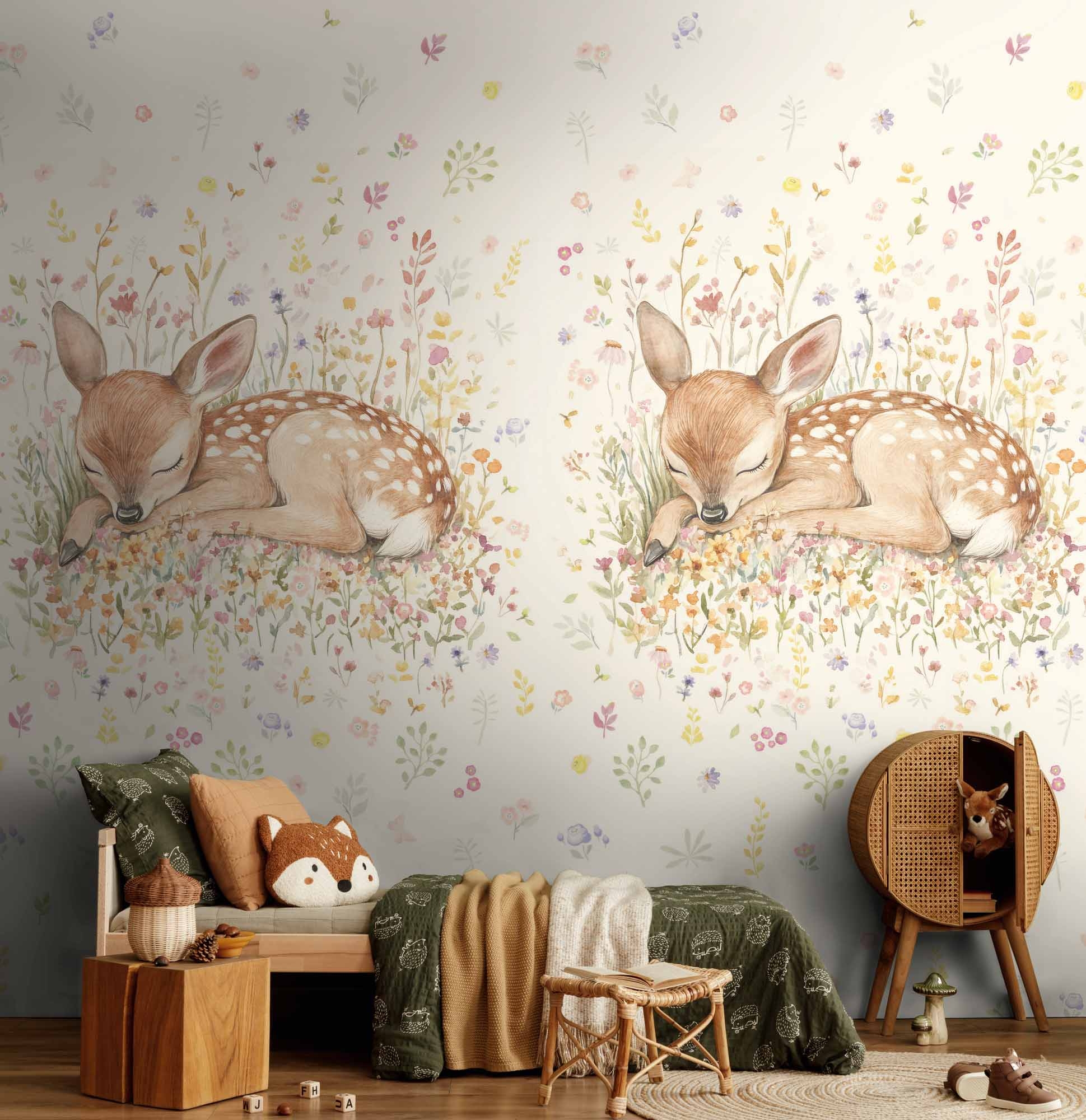 Wandbild Rehkitz Wildblumen beige 159 x 280 cm 792886