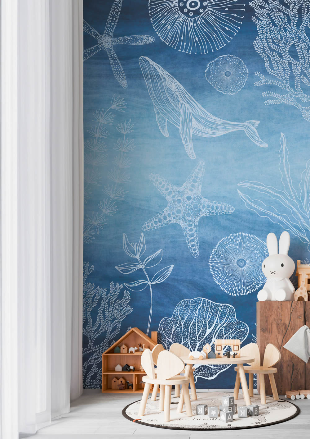 Wandbild Vlies Unterwasserwelten Aquarell Wal blau  770601-8-770601